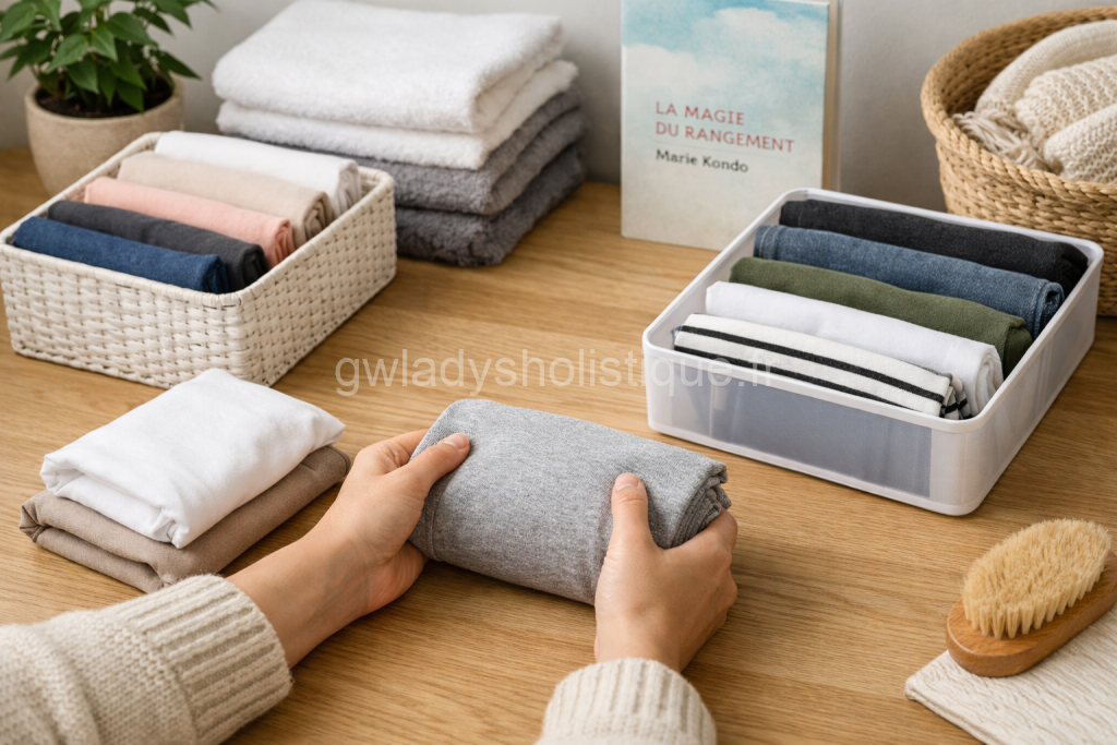 Marie Kondo utilise une technique de pliage pour gagner de la place et accéder facilement au vêtement de notre choix.